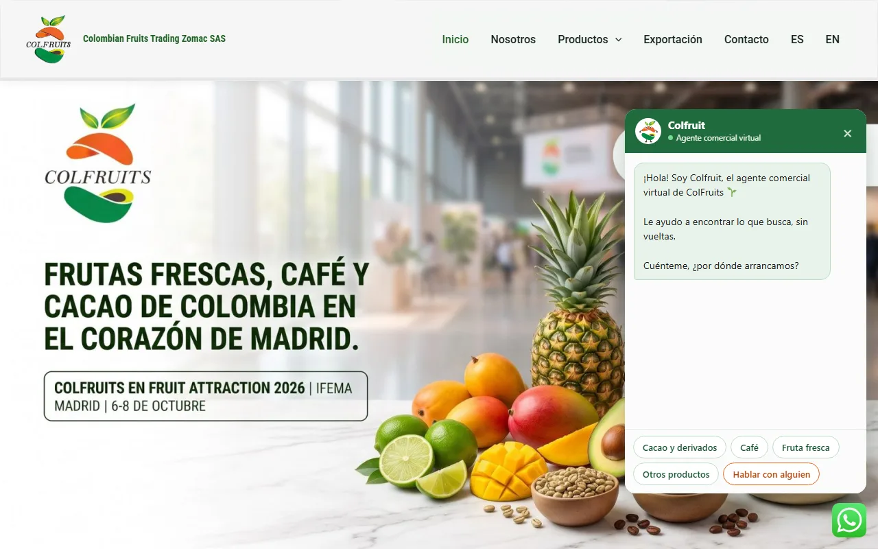 Página de Colombian Fruits Trading con su chatbot Colfruit abierto